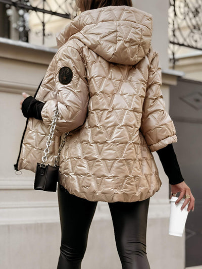 Veste en coton pour femme avec capuche et manches longues, à patchwork en losanges, idéale pour l’automne et l’hiver.