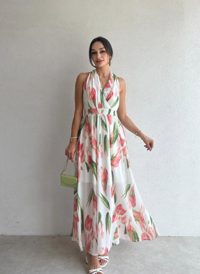 Halsey - Robe maxi à fleurs avec décolleté halter