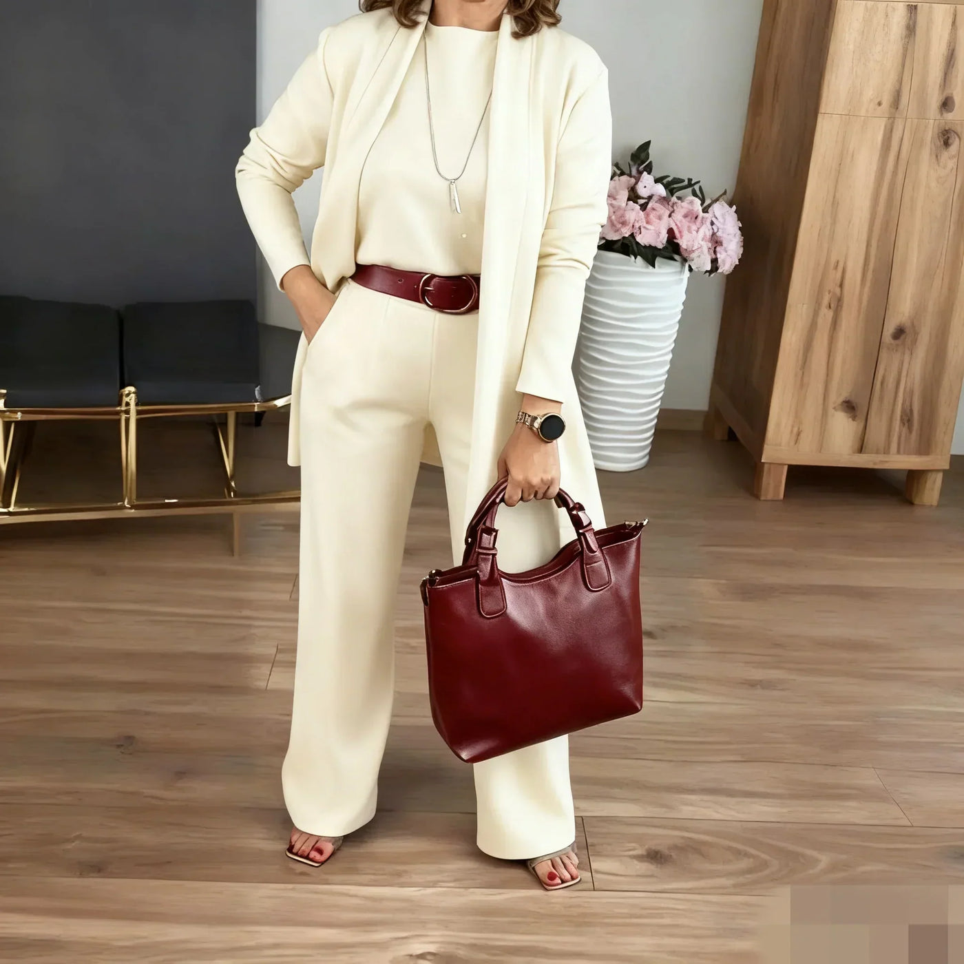 ⏳Offre temporaire⏰Élégant ensemble de 3 pièces composé d'un long gilet, d'un top et d'un pantalon💞