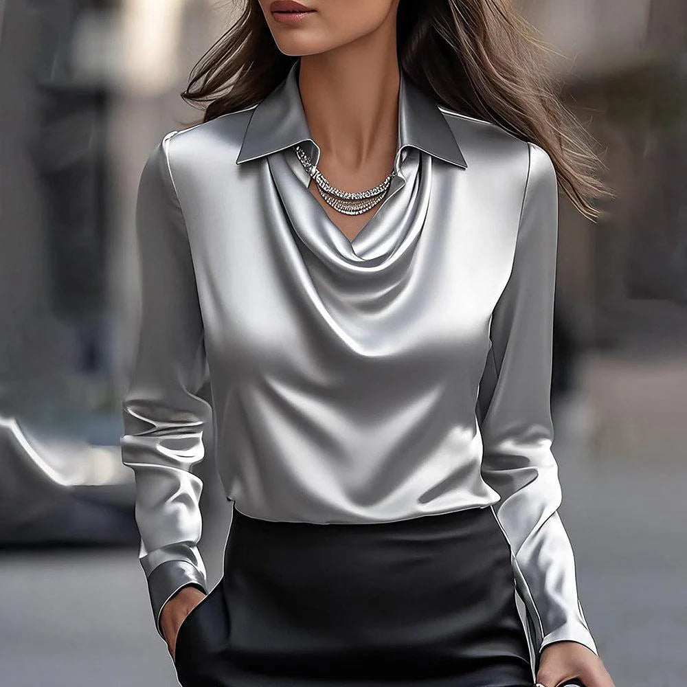 Amévie™ | Blouse Satinée “Élodie” avec Col Plissé