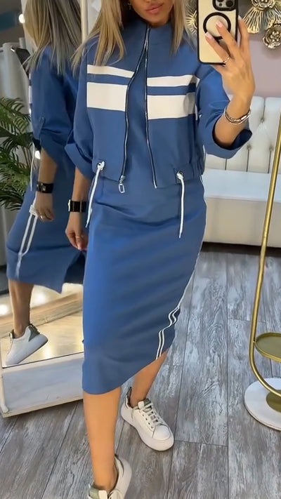 Robe à col rond et blazer femme, costume décontracté