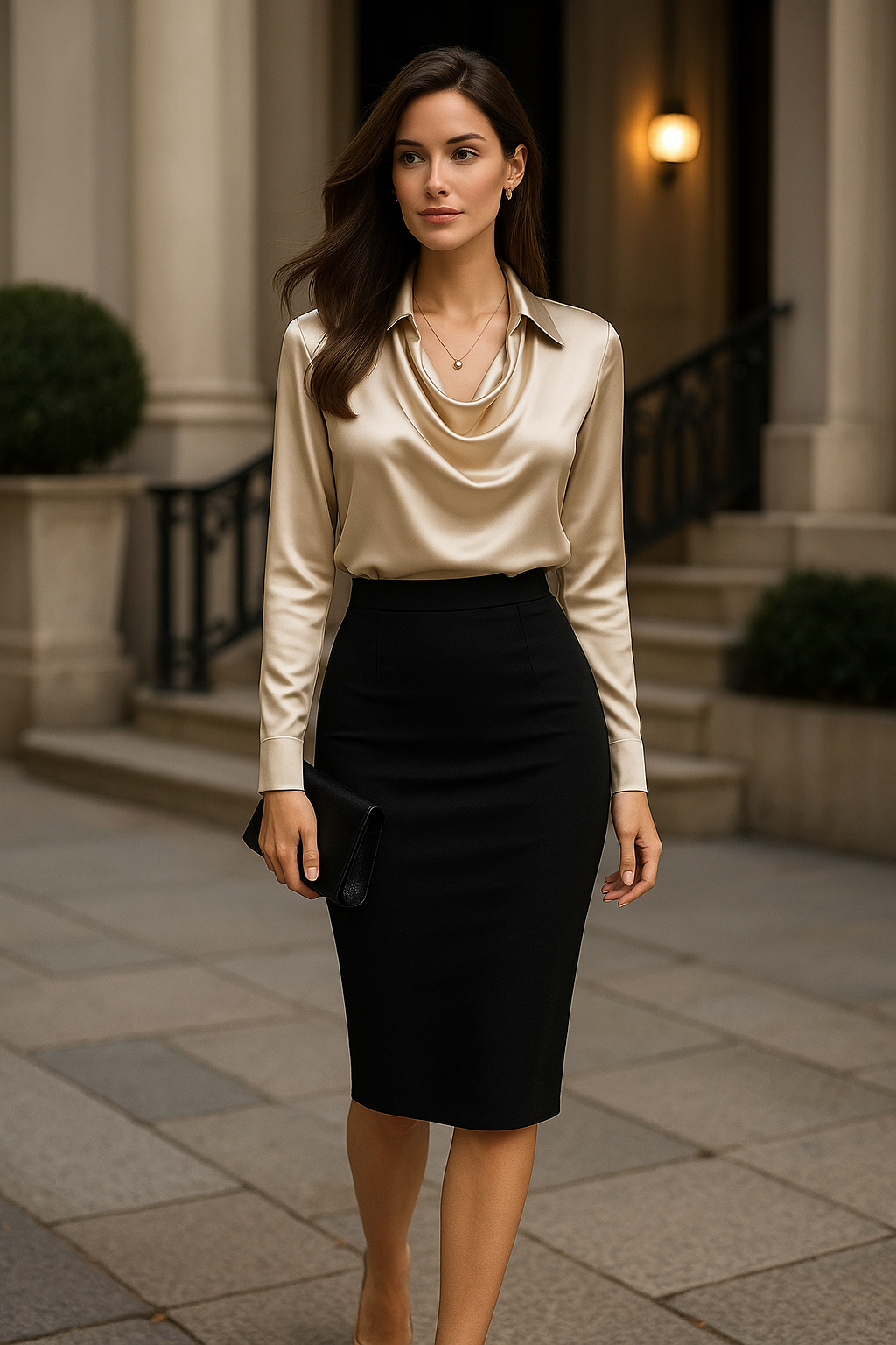 Amévie™ | Blouse Satinée “Élodie” avec Col Plissé