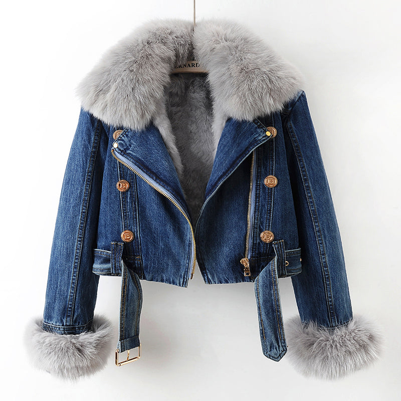 Amévie™ | Manteau en Denim avec Doublure en Fourrure de Renard Luxe
