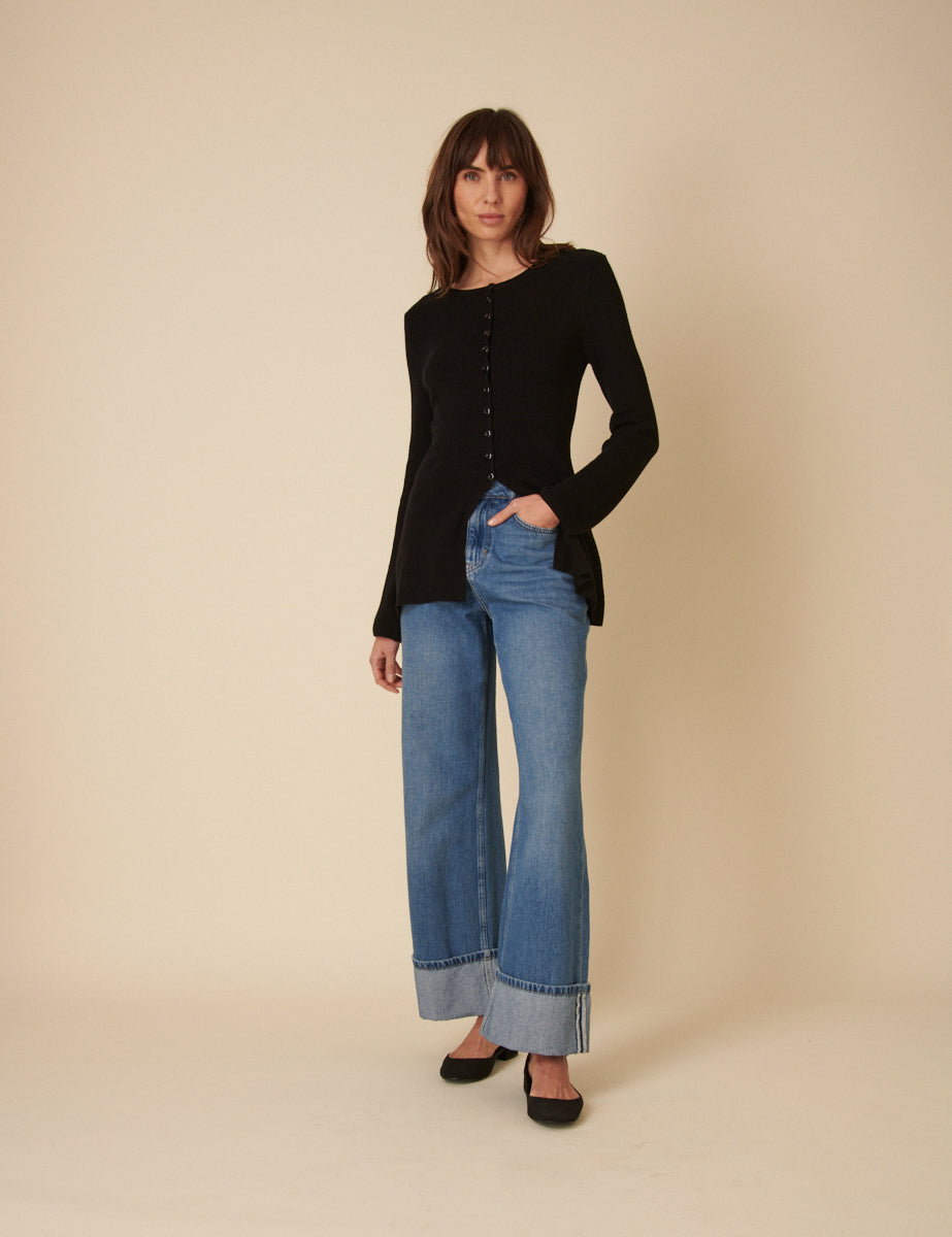 Cardigan long noir côtelé