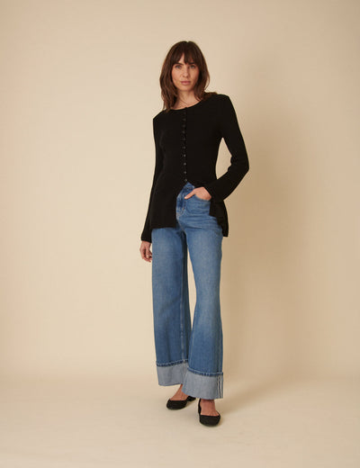 Cardigan long noir côtelé