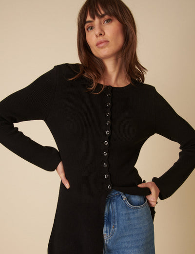 Cardigan long noir côtelé