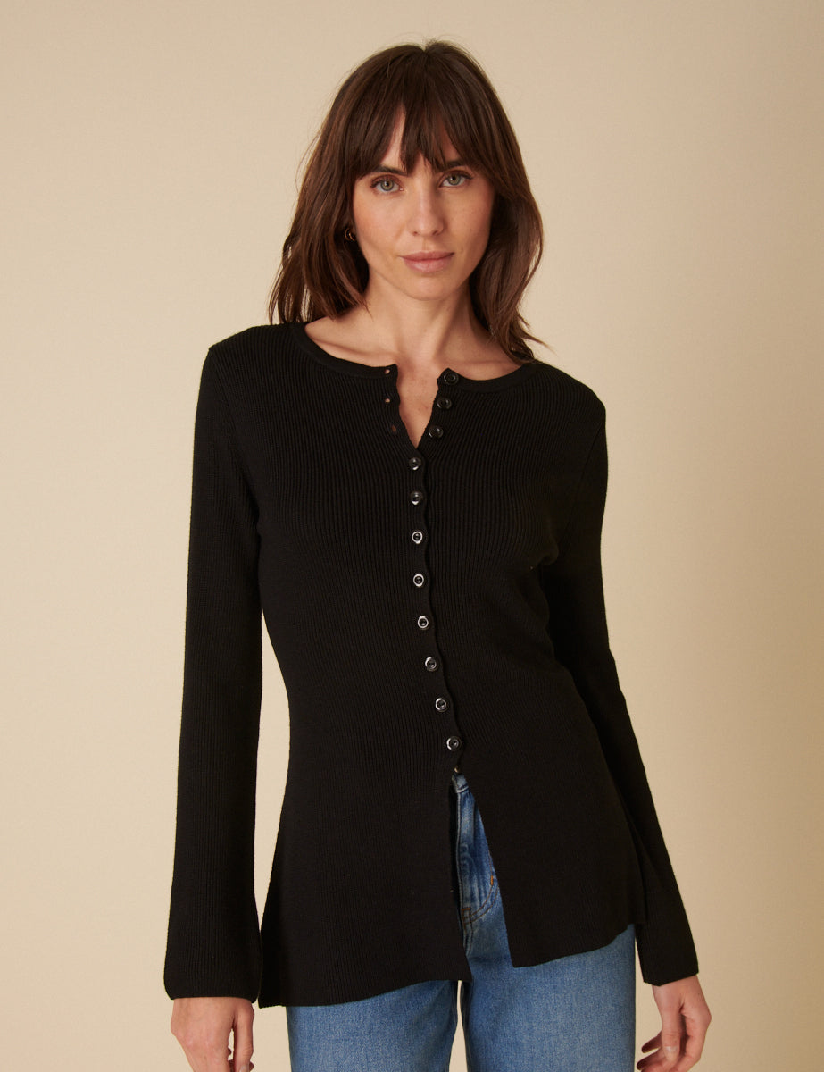 Cardigan long noir côtelé