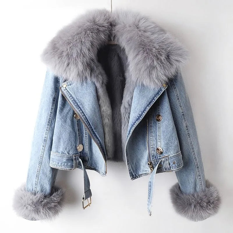 Amévie™ | Manteau en Denim avec Doublure en Fourrure de Renard Luxe