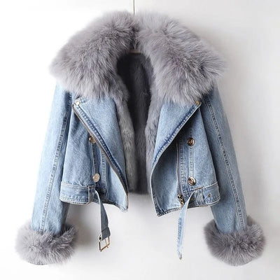 Amévie™ | Manteau en Denim avec Doublure en Fourrure de Renard Luxe