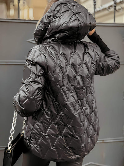 Veste en coton pour femme avec capuche et manches longues, à patchwork en losanges, idéale pour l’automne et l’hiver.