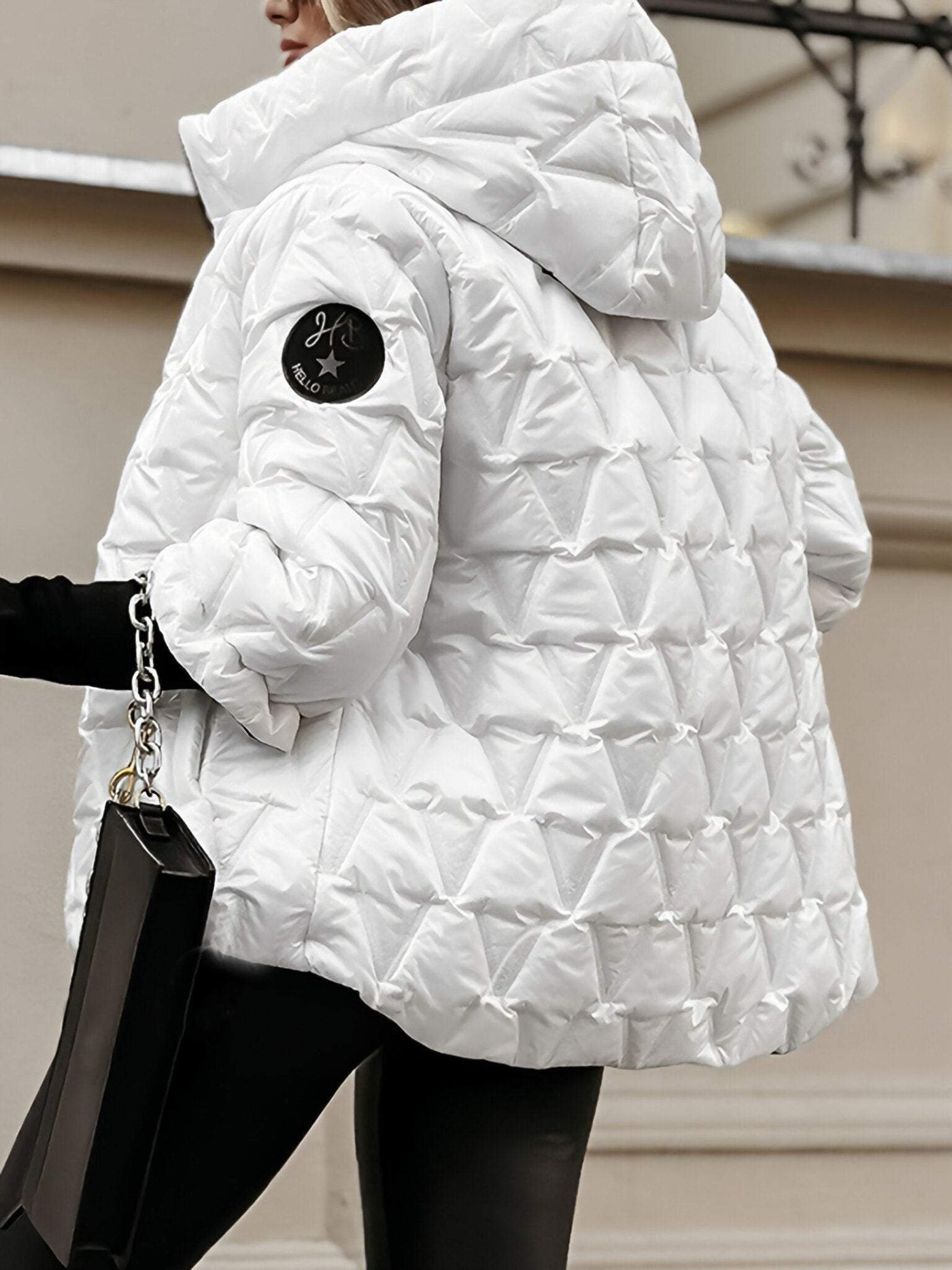 Veste en coton pour femme avec capuche et manches longues, à patchwork en losanges, idéale pour l’automne et l’hiver.