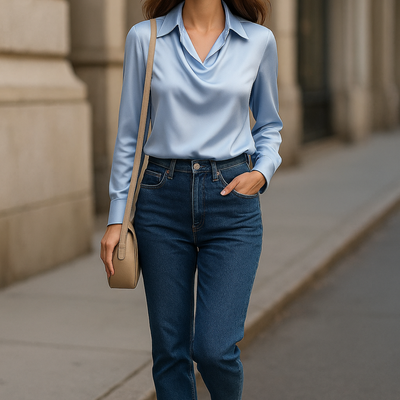 Amévie™ | Blouse Satinée “Élodie” avec Col Plissé